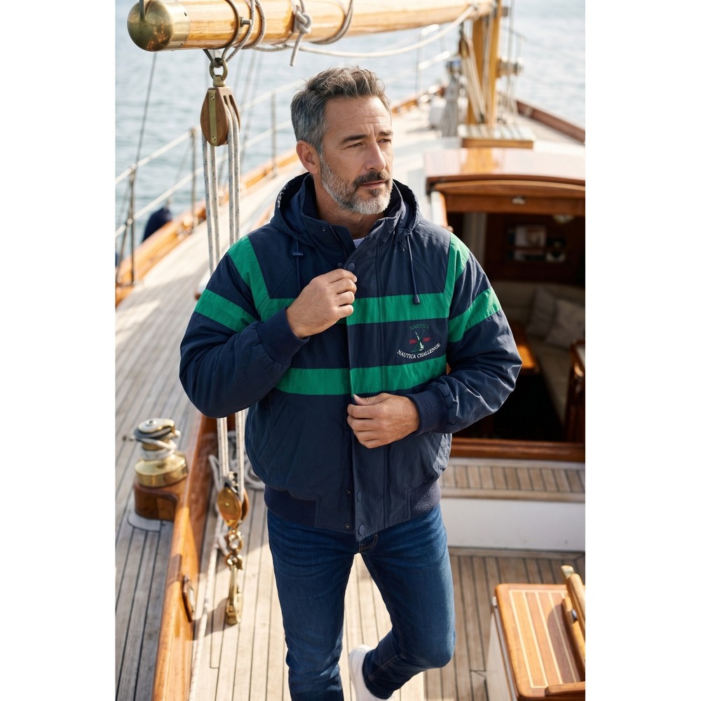 Nautica Challenge J-Class Sailing Jacket Mens Large Navy Green Vintage Hooded